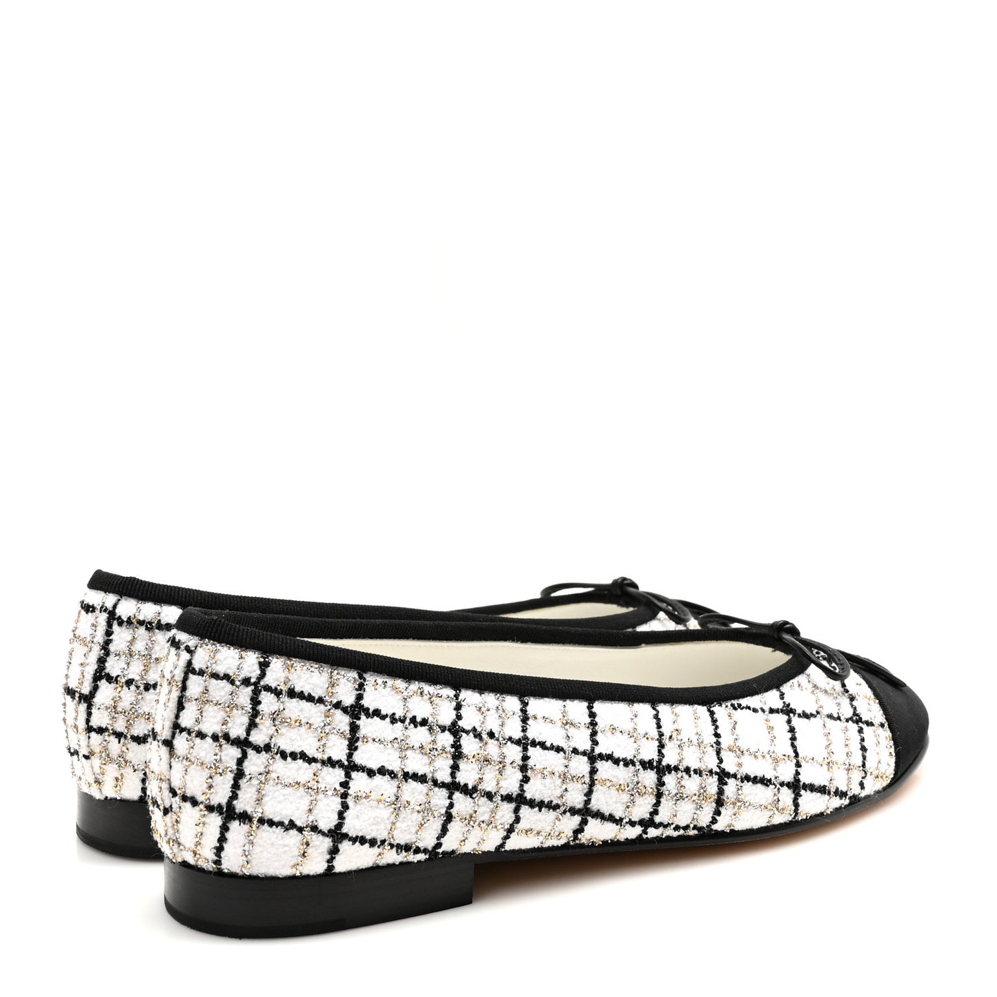 Tweed Grosgrain Cap Toe Ballerina Flats 37.5 White Gold Black