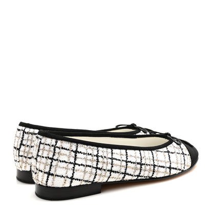 Chanel Tweed Grosgrain Cap Toe Ballerina Flats 37.5 White Gold Black 5 of 8