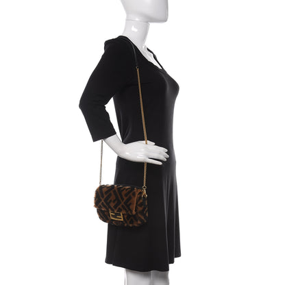 Fendi Shearling Vitello Dolce Macro FF 1974 Mini Baguette Tobacco Black 2 of 11