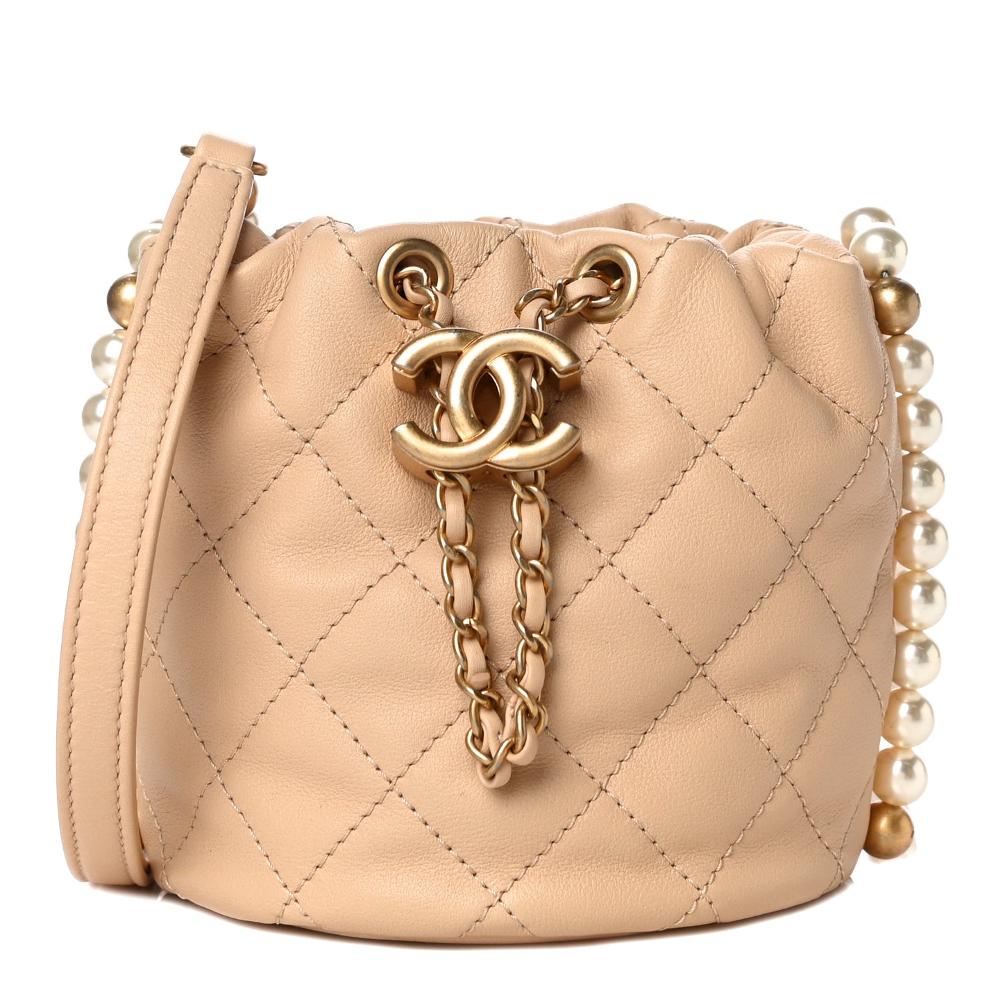 Calfskin Quilted Pearl Mini About Pearls Drawstring Bucket Bag Beige