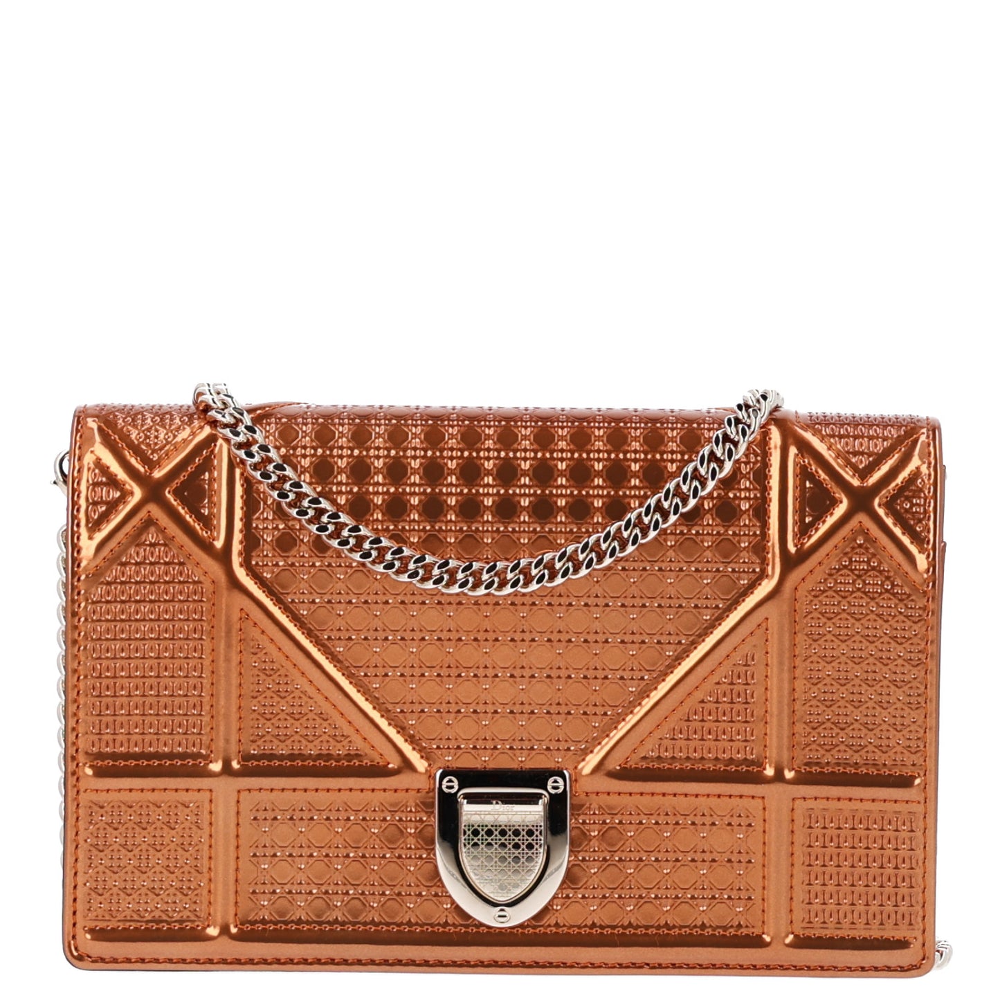 Metallic Patent Micro-Cannage Diorama Wallet on Chain Pouch Orange