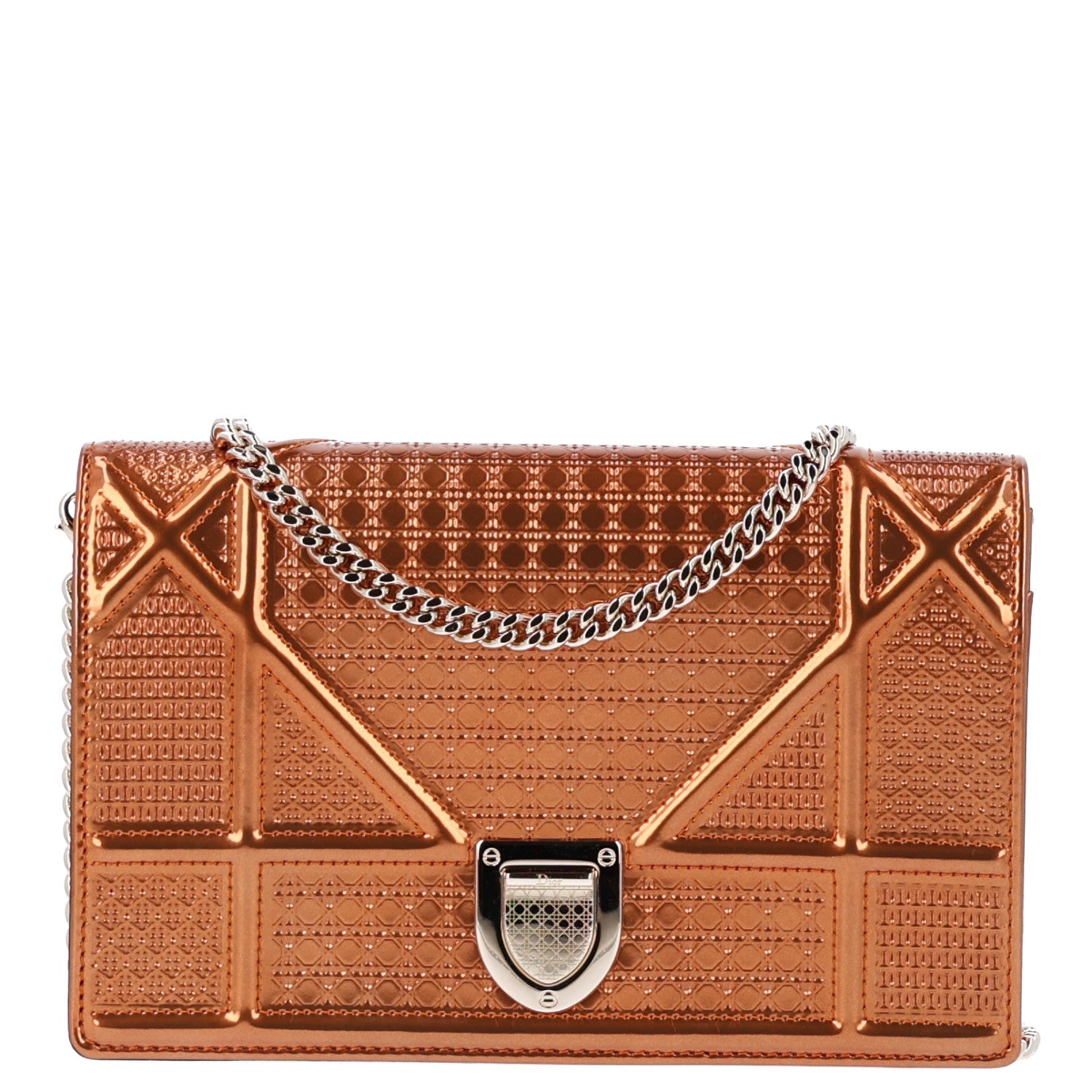 Christian Dior Metallic Patent Micro-Cannage Diorama Wallet on Chain Pouch Orange 1 of 9