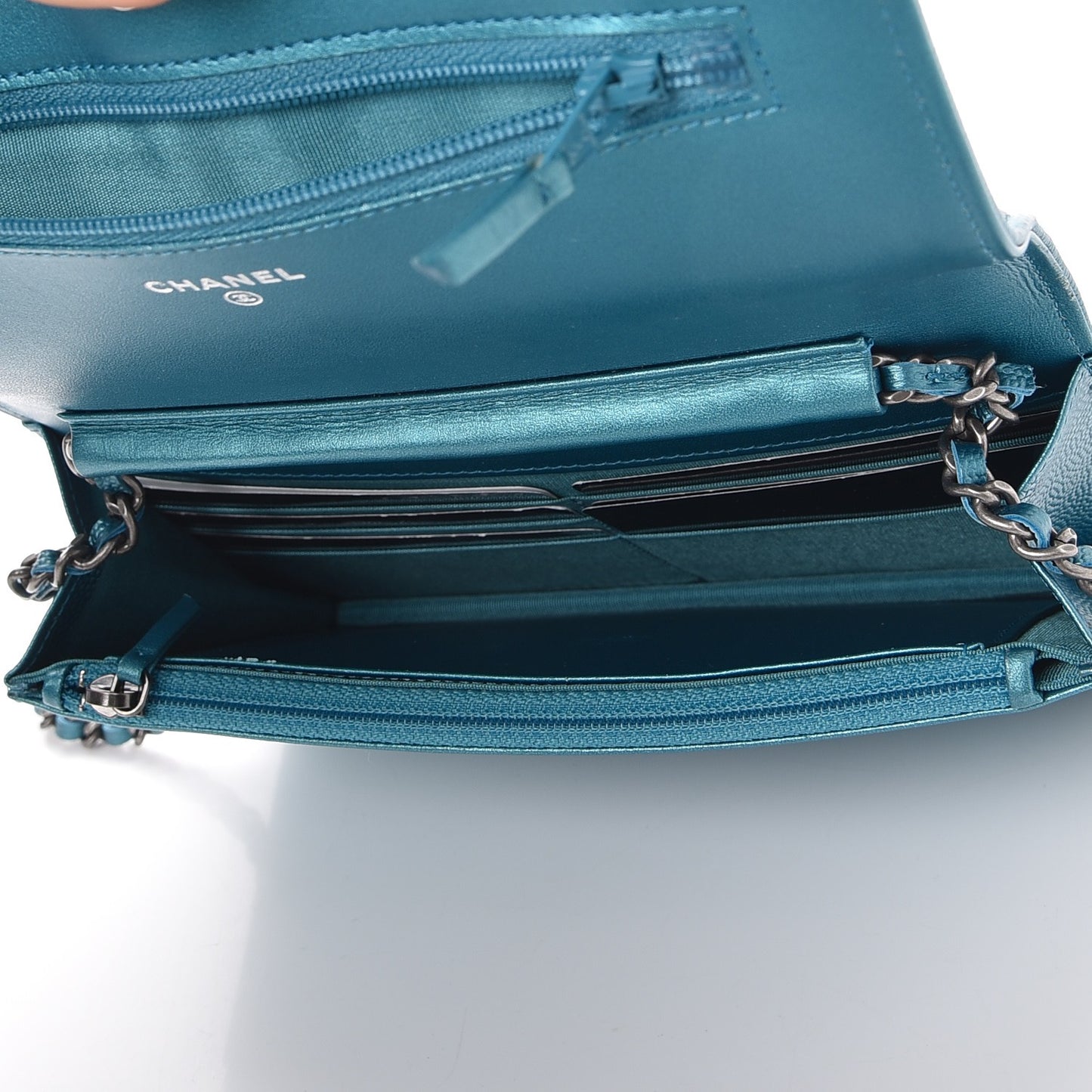 Metallic Caviar Quilted Boy Wallet On Chain WOC Turquoise