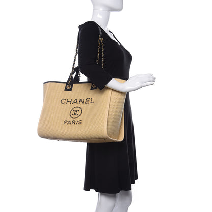 Chanel Straw Raffia Calfskin Chain Medium Deauville Tote Beige Black 2 of 10
