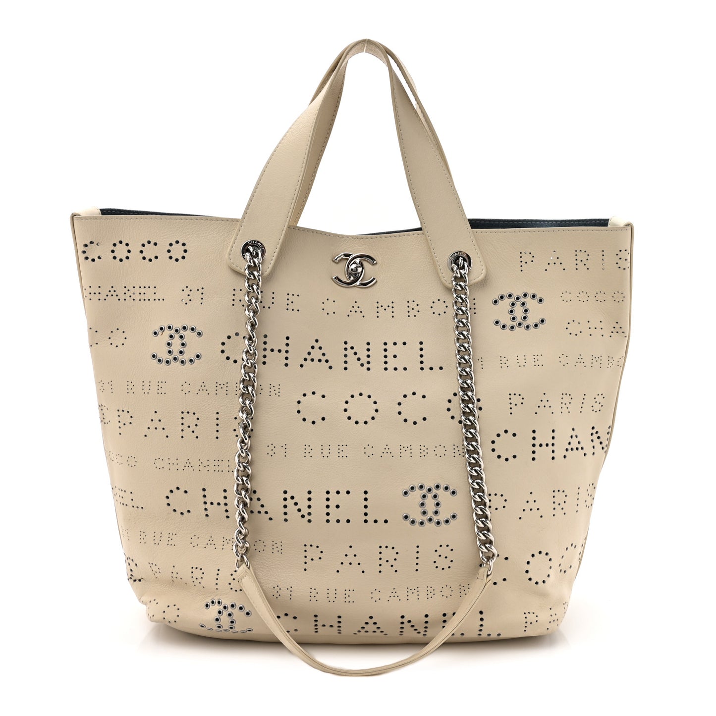 Calfskin Tweed Small Logo Eyelets Shopping Tote Beige