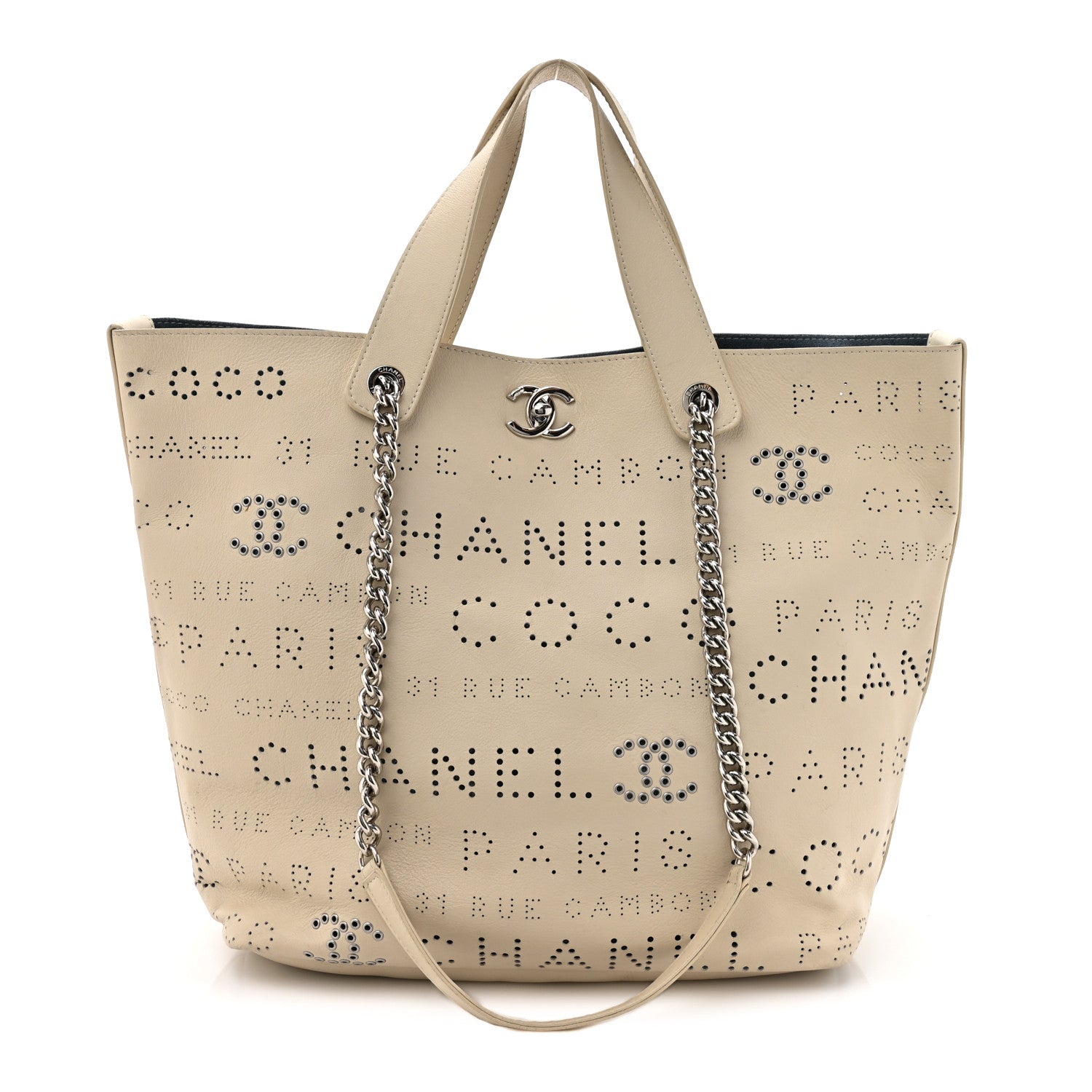 Chanel Calfskin Tweed Small Logo Eyelets Shopping Tote Beige 1 of 15