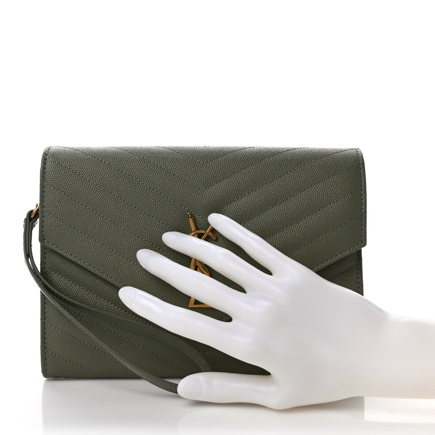Saint Laurent Grain De Poudre Matelasse Chevron Monogram Envelope Clutch Light Sage 2 of 8