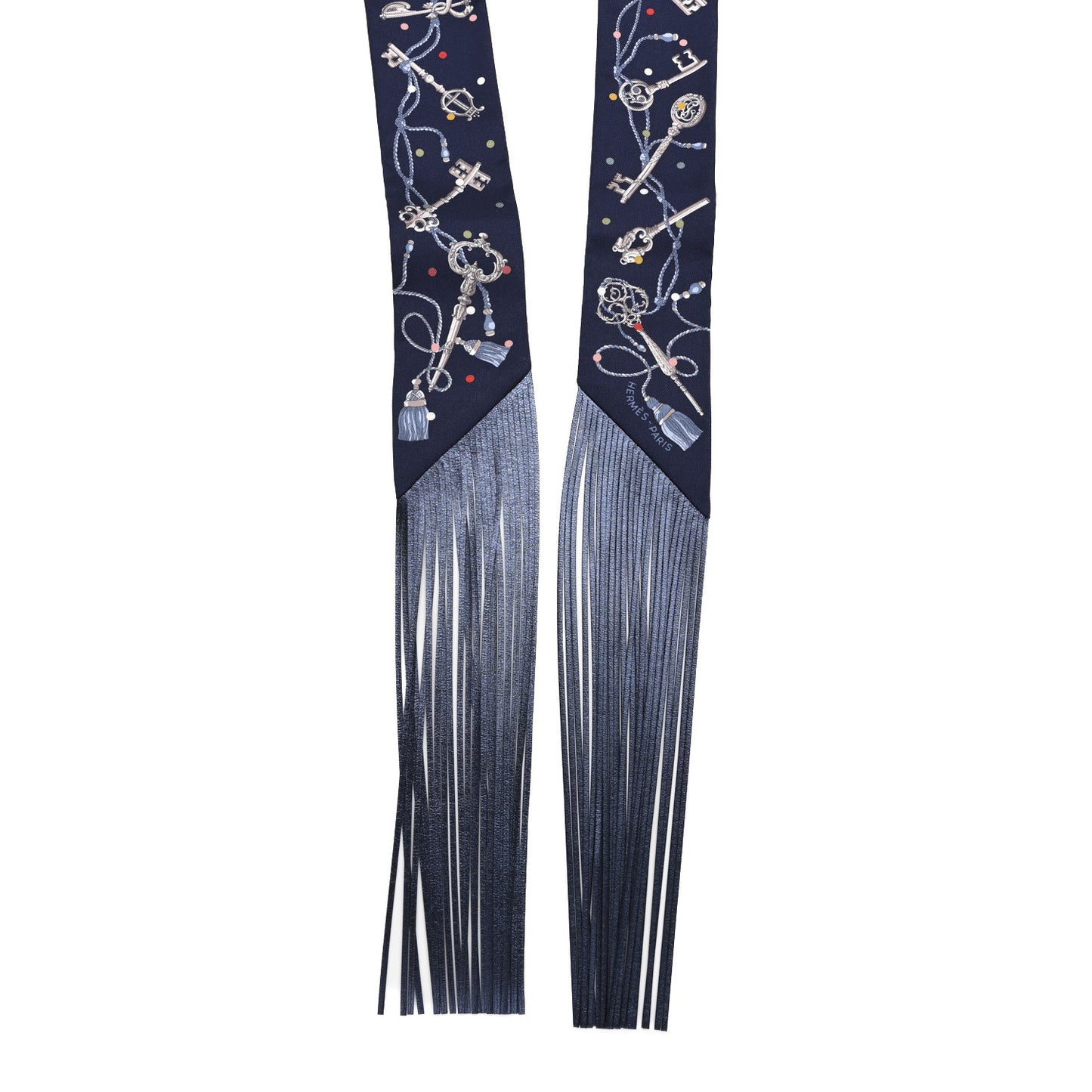 Silk Calfskin Les Cles A Pois Fringed Twilly Bleu Marine Gris Argent Multicolor