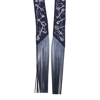 Hermes Silk Calfskin Les Cles A Pois Fringed Twilly Bleu Marine Gris Argent Multicolor 2 of 4