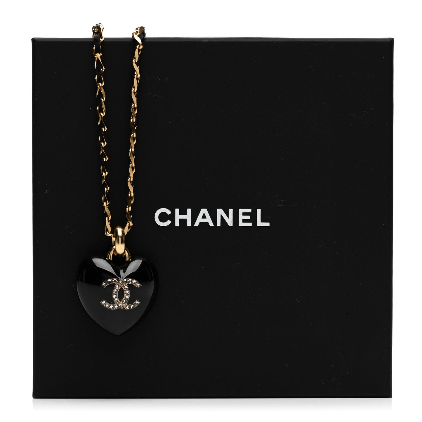 Lambskin Crystal Resin CC Heart Drop Necklace Gold Black