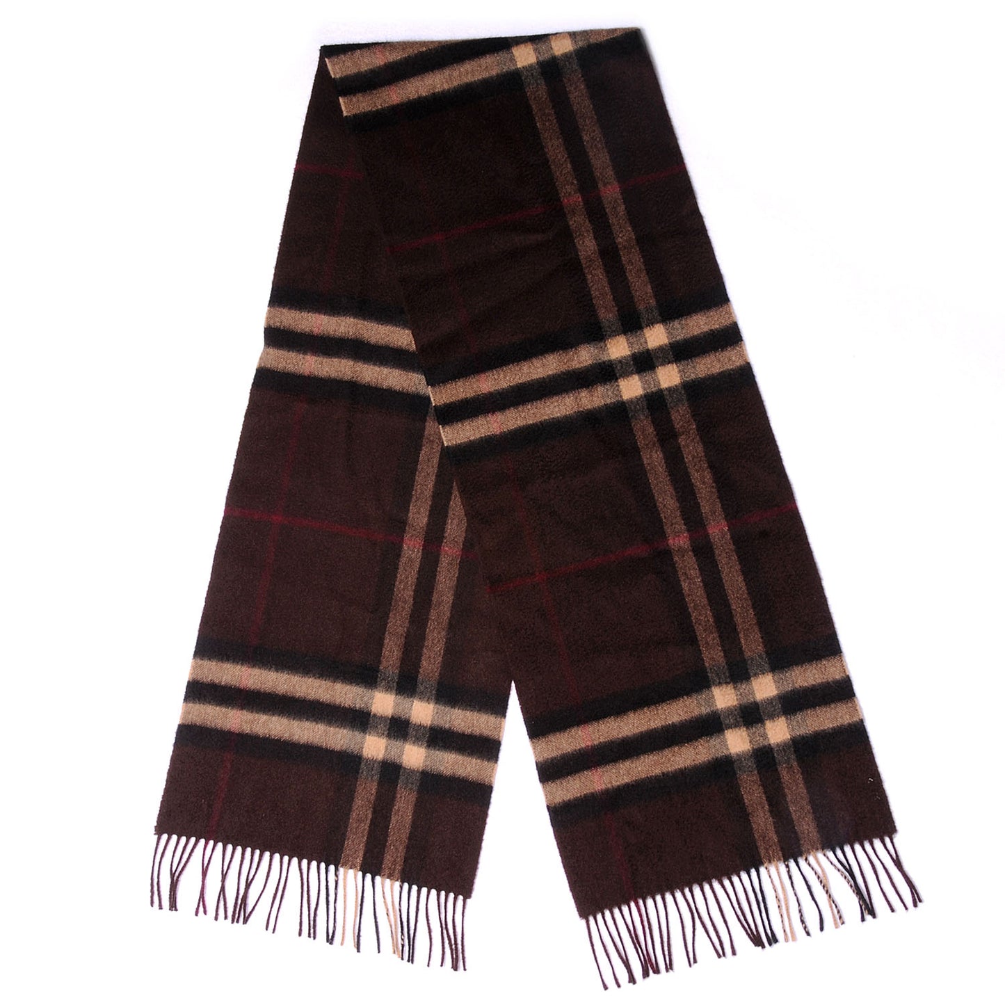 Cashmere Giant Check Fringe Scarf Dark Chestnut Brown