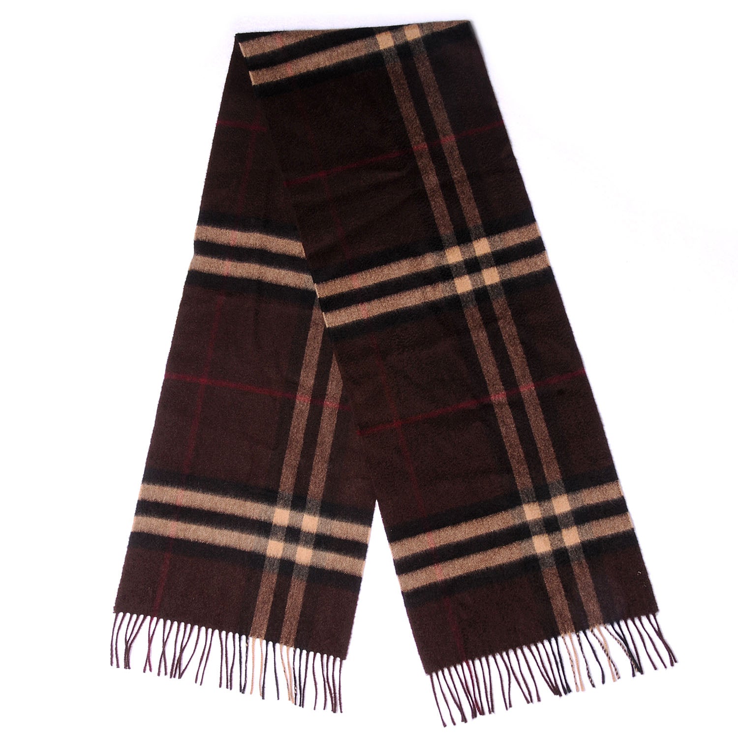 Burberry Cashmere Giant Check Fringe Scarf Dark Chestnut Brown 1 of 3