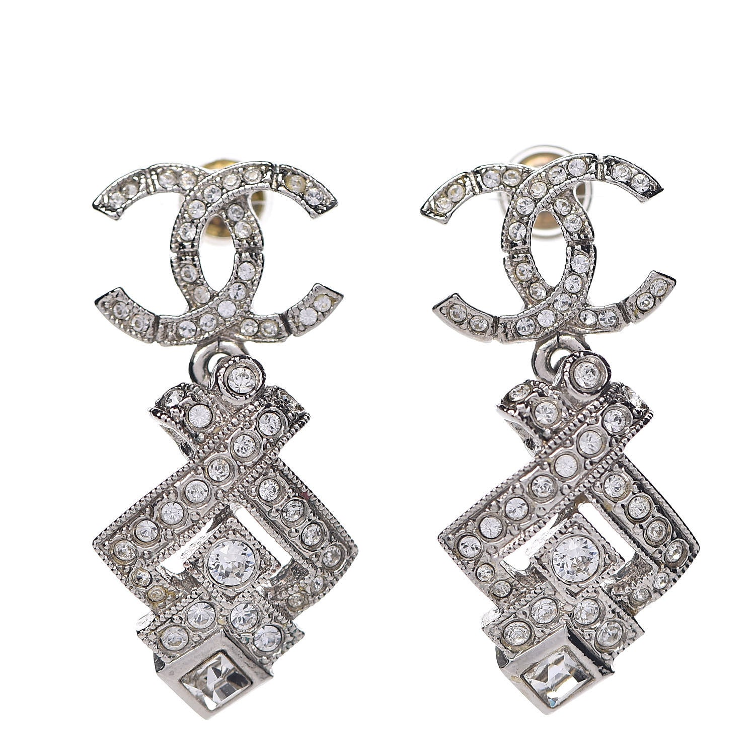 Chanel Crystal CC Drop Earrings Silver 1 of 5
