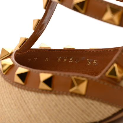 Valentino Garavani Raffia Calfskin Rockstud Ankle Strap 100mm Pumps 35 Natural Saddle Brown 6 of 9
