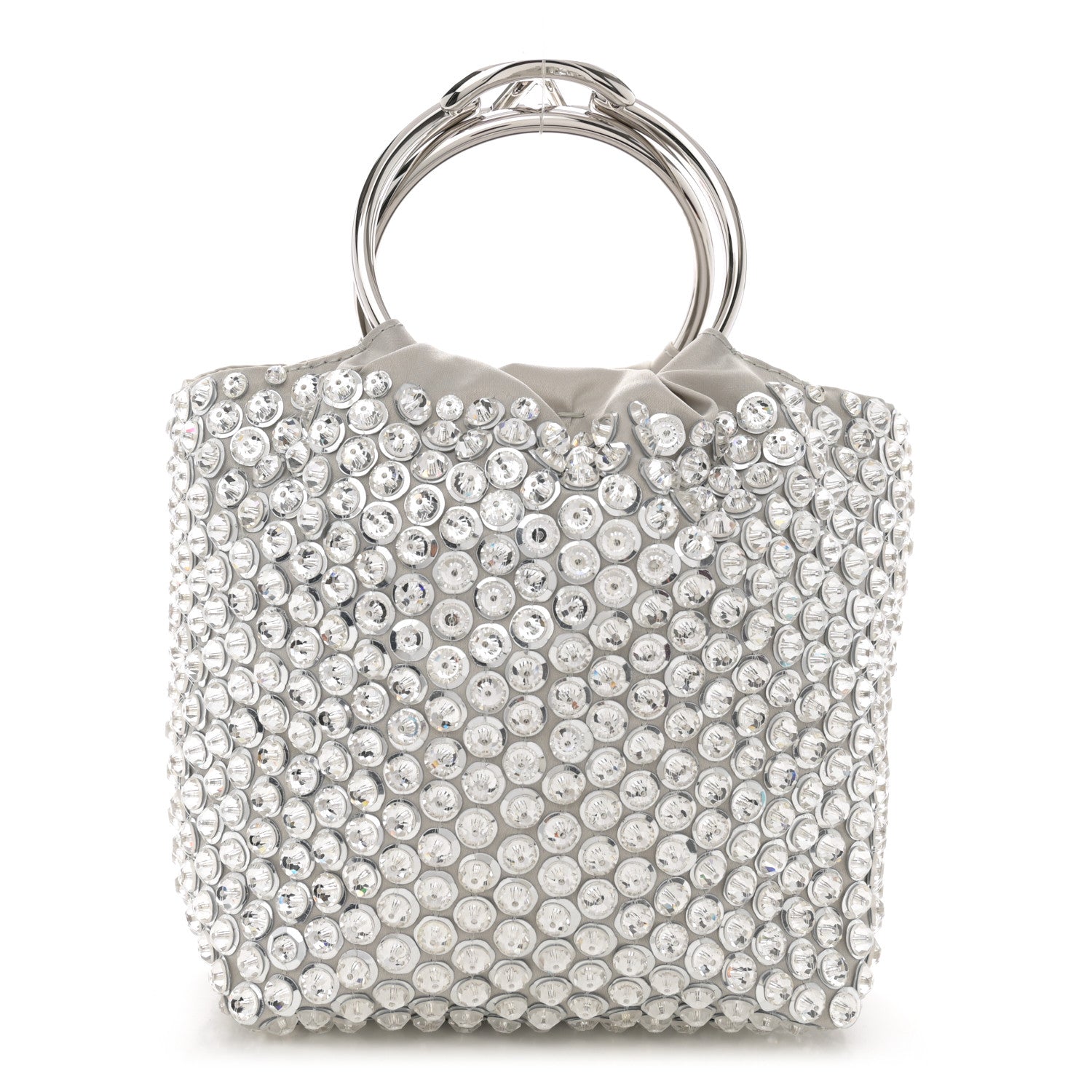 Valentino Garavani Satin Rhinestone Embellished Small Carry Secrets Bucket Bag Silver 1 of 10
