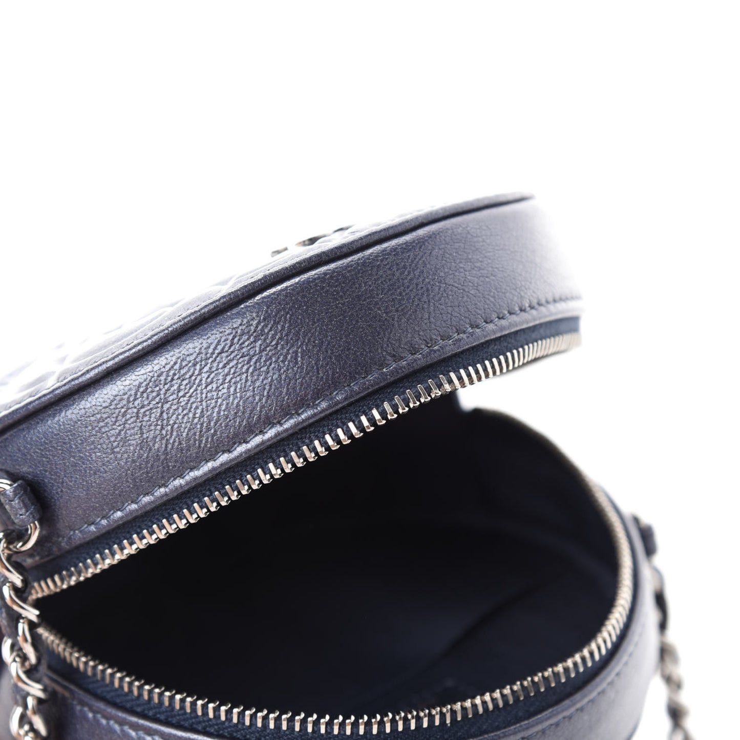 Goatskin Camellia Embossed Round Clutch With Chain Dark Blue