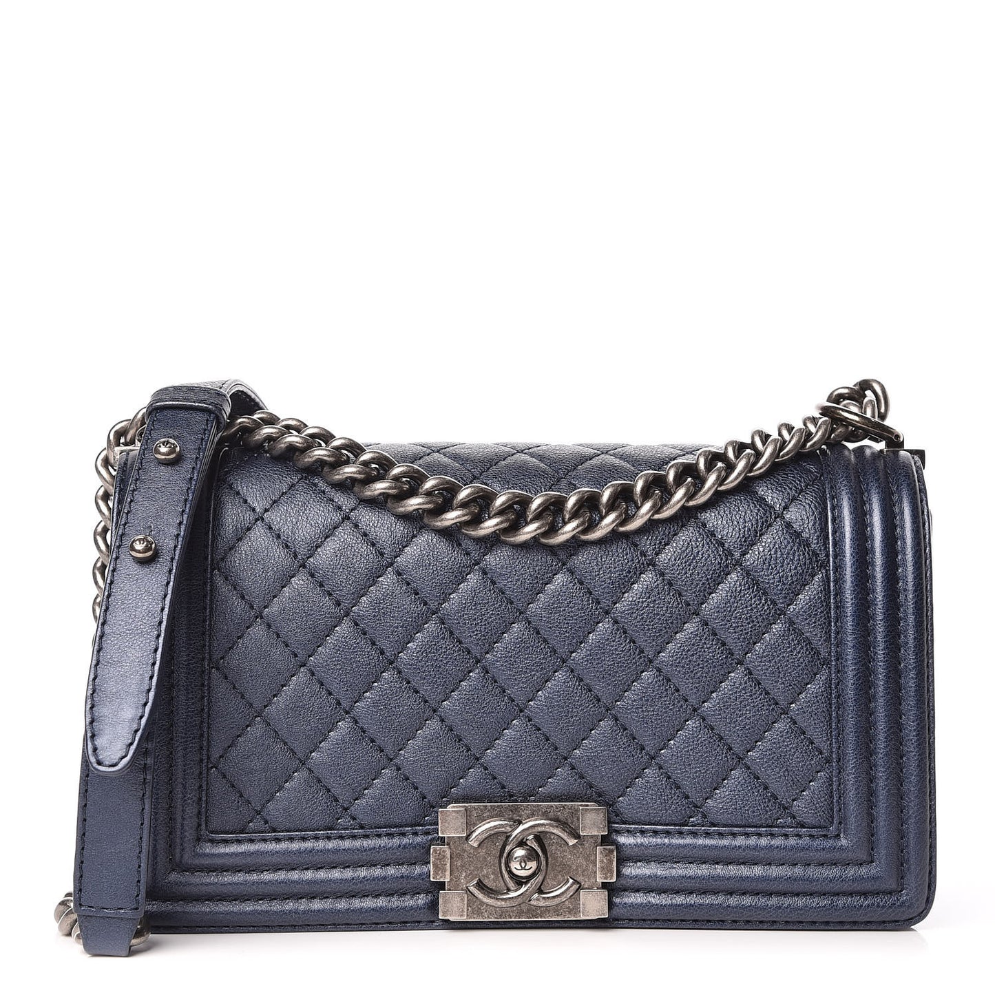 Metallic Calfskin Quilted Medium Boy Flap Blue