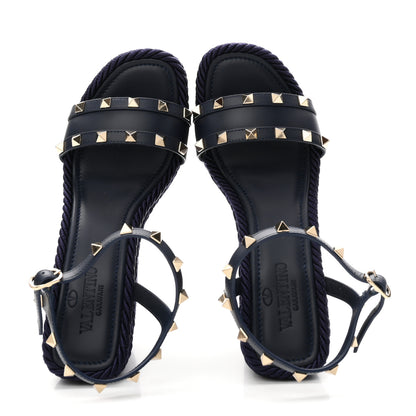 Valentino Garavani Calfskin Rockstud Ankle Strap Torchon Espadrille Caged 25/95mm Wedge Sandals 38 Blue 2 of 9