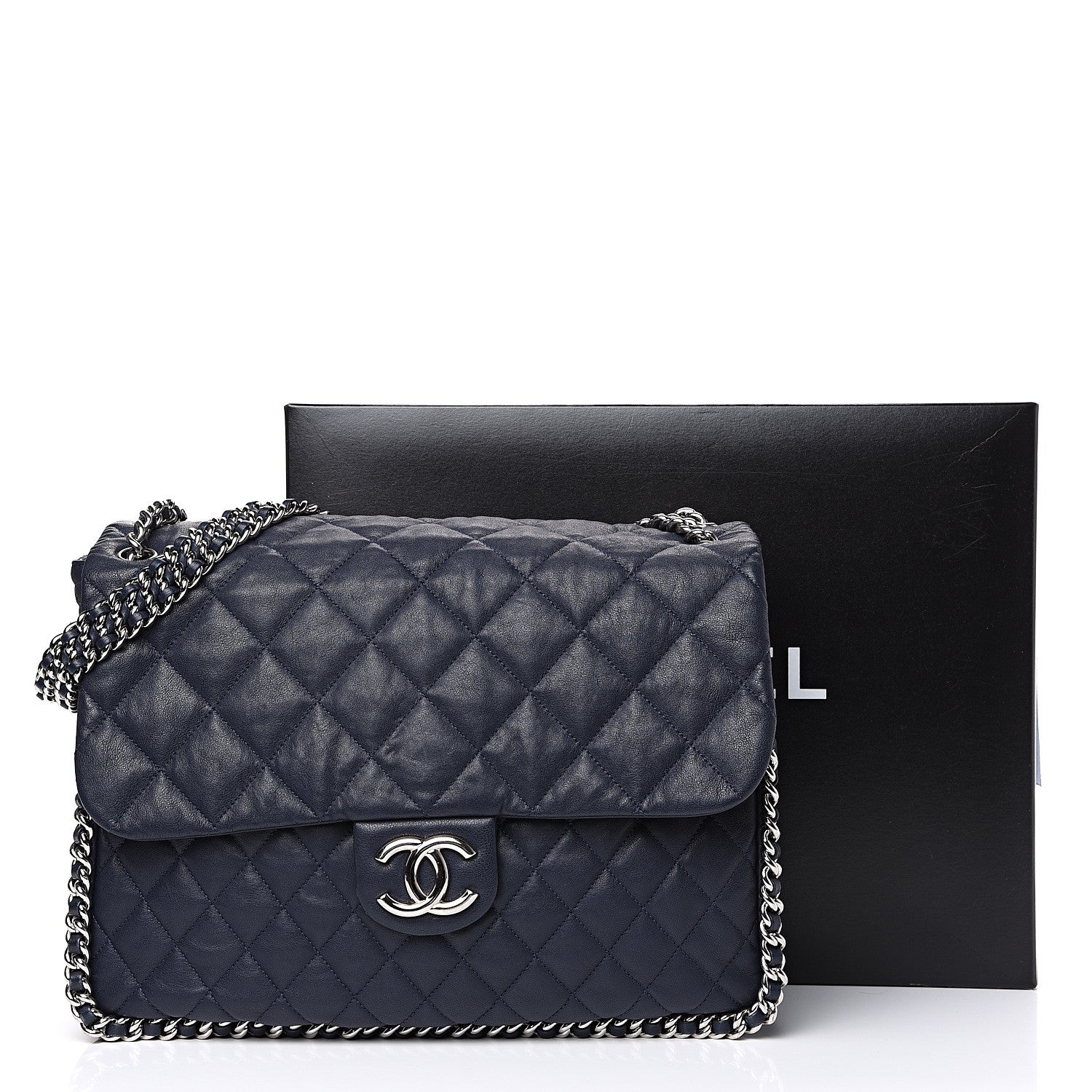 Chanel Washed Lambskin Quilted Chain Around Maxi Flap Dark Navy Blue 14 of 14