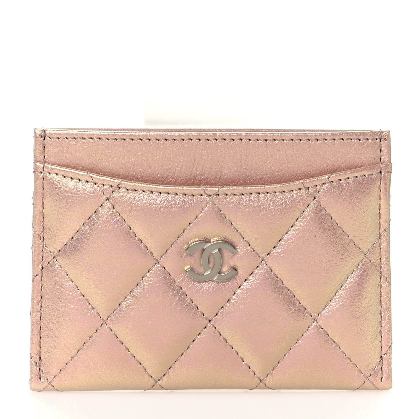 Iridescent Calfskin Quilted Card Holder Pink