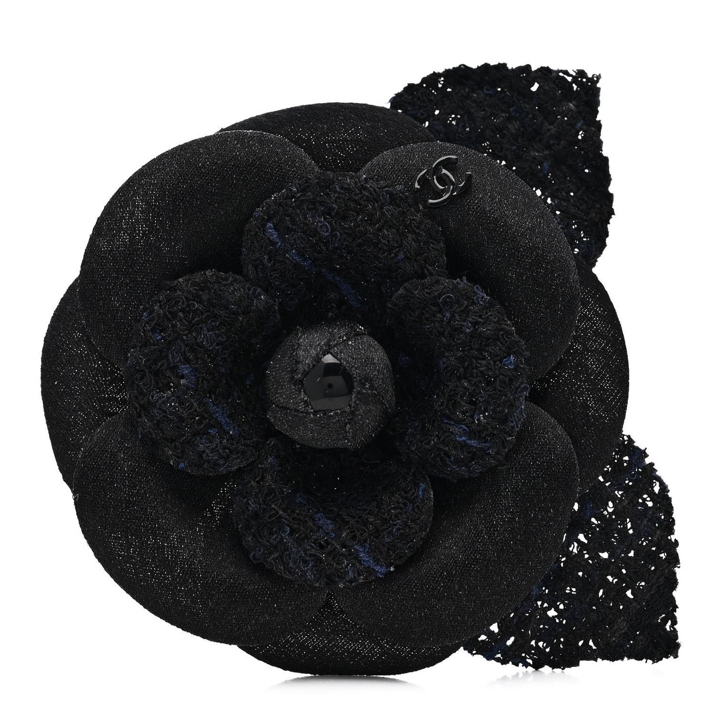 Tweed Fabric Camellia Pin Brooch Navy Blue Black