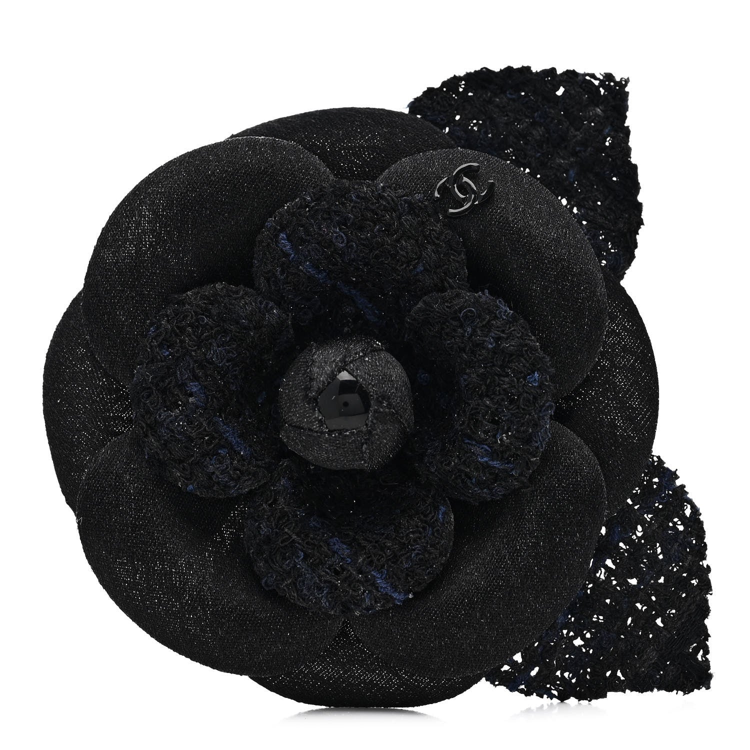 Chanel Tweed Fabric Camellia Pin Brooch Navy Blue Black 1 of 3