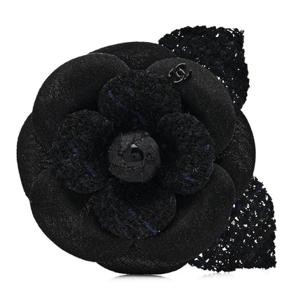 Chanel Tweed Fabric Camellia Pin Brooch Navy Blue Black 1 of 3