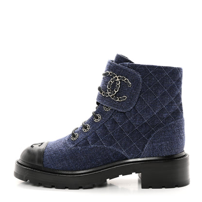 Chanel Denim Calfskin Quilted Lace Up Combat Boots 40 Blue 1 of 13