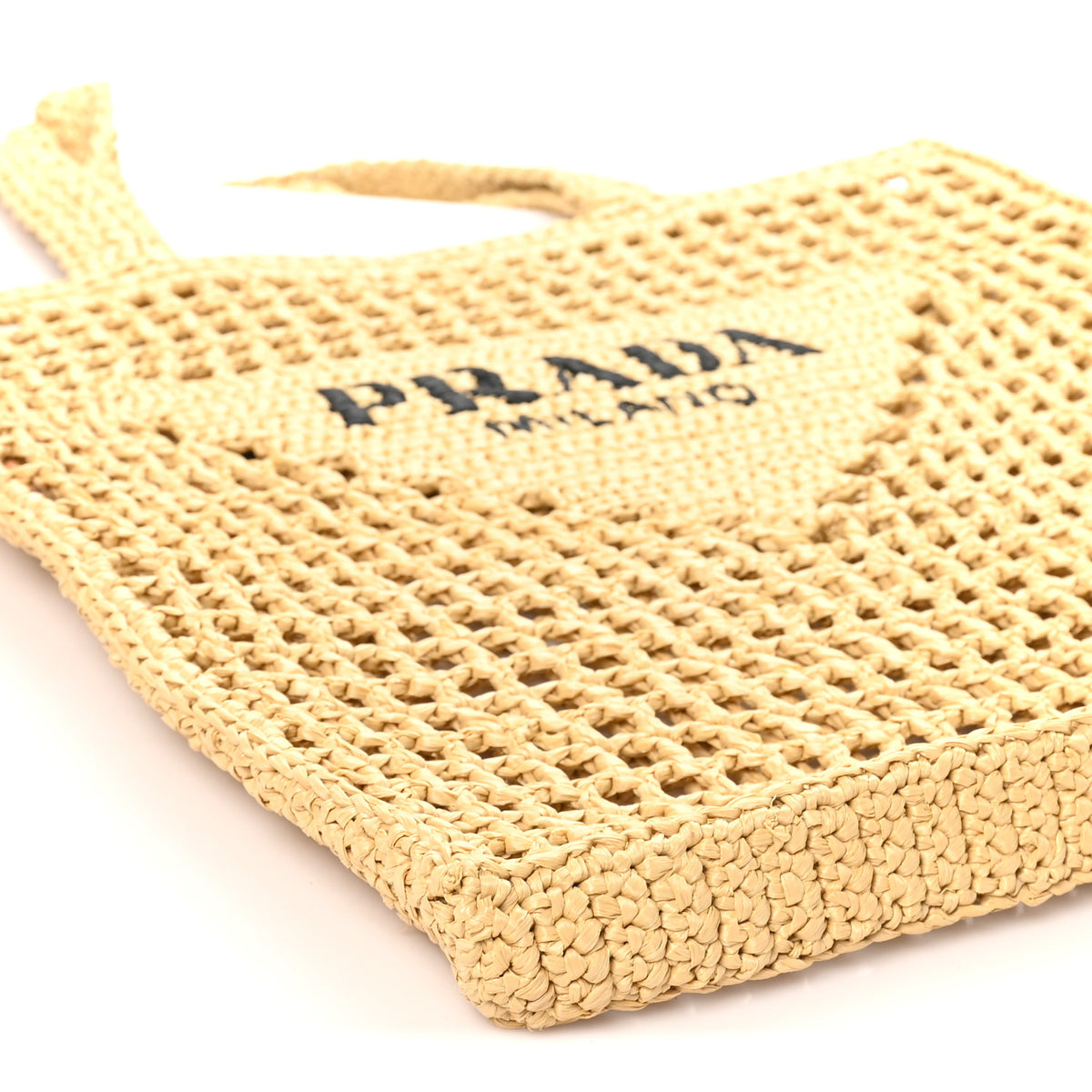 Prada Yarn Raffia Effect Crochet Logo Embroidered Tote Bag Naturale 7 of 8
