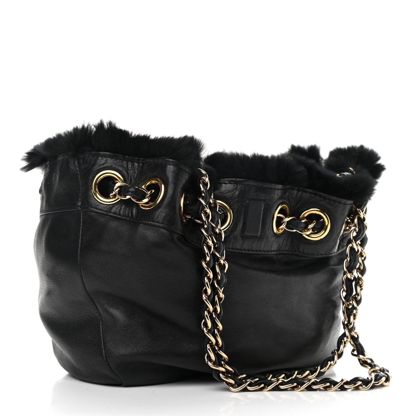 Rabbit Fur Reversible Drawstring Bag Black