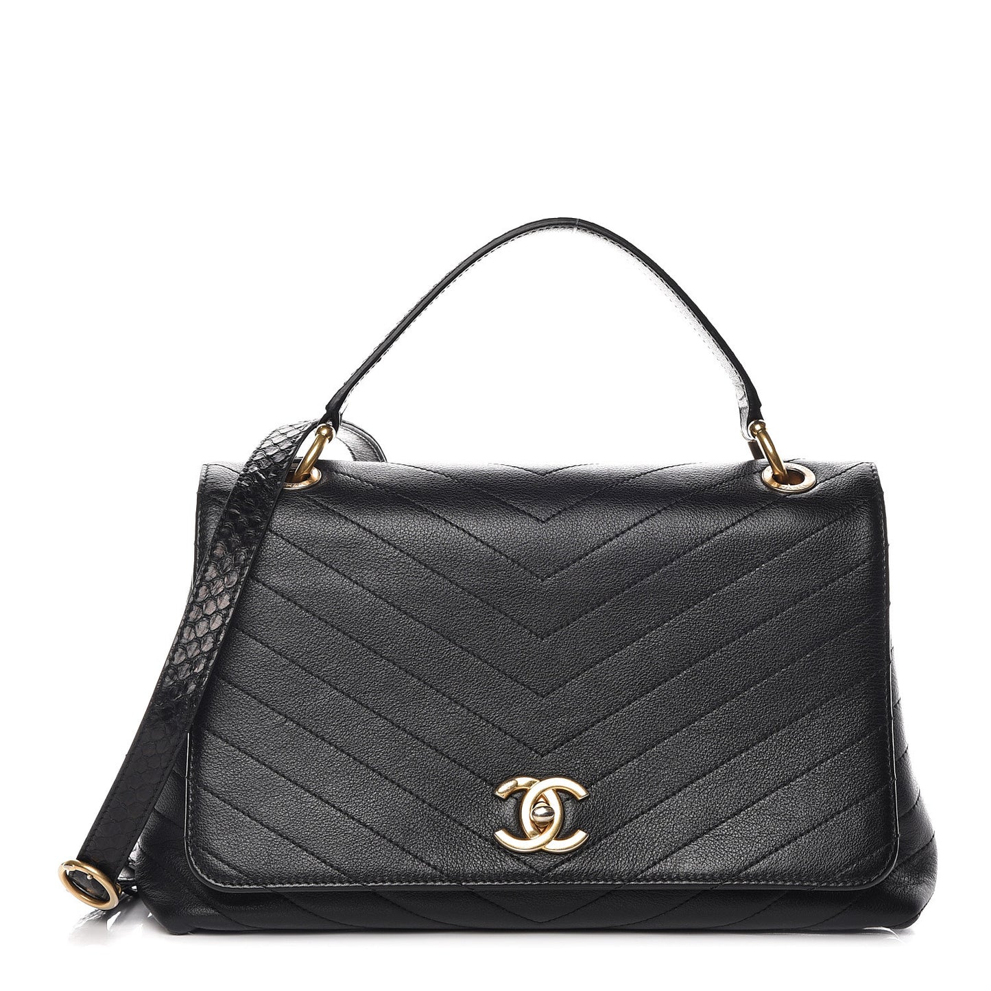 Grained Calfskin Elaphe Stitched Medium Chevron Chic Top Handle Flap Black