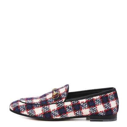 Gucci Vintage Tweed Check Horsebit Womens Jordaan Loafers 39.5 White Hibiscus Red Marine 1 of 9