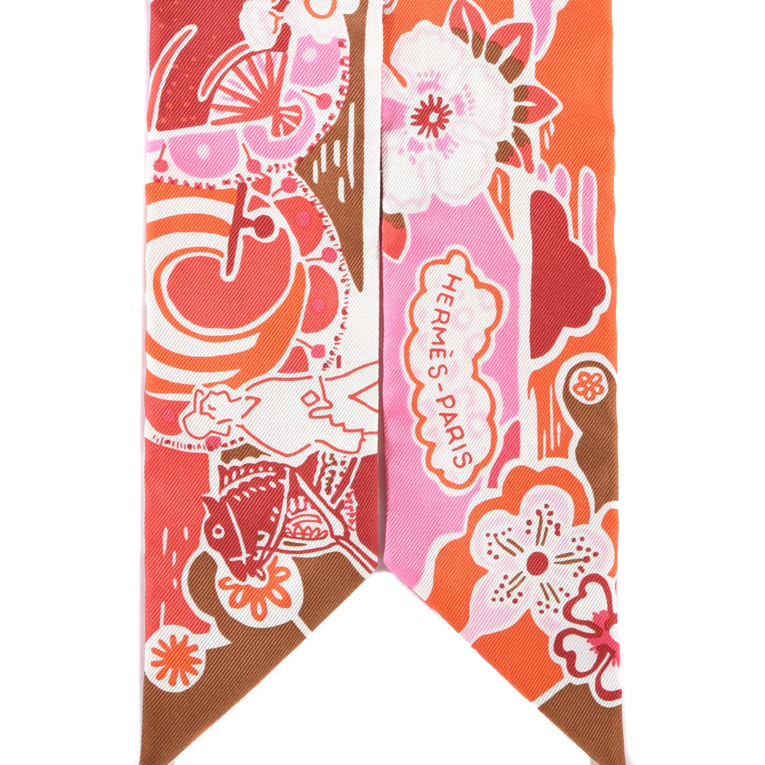 Hermes Silk Bingata Twilly Fuchsia Corail Brun 2 of 4