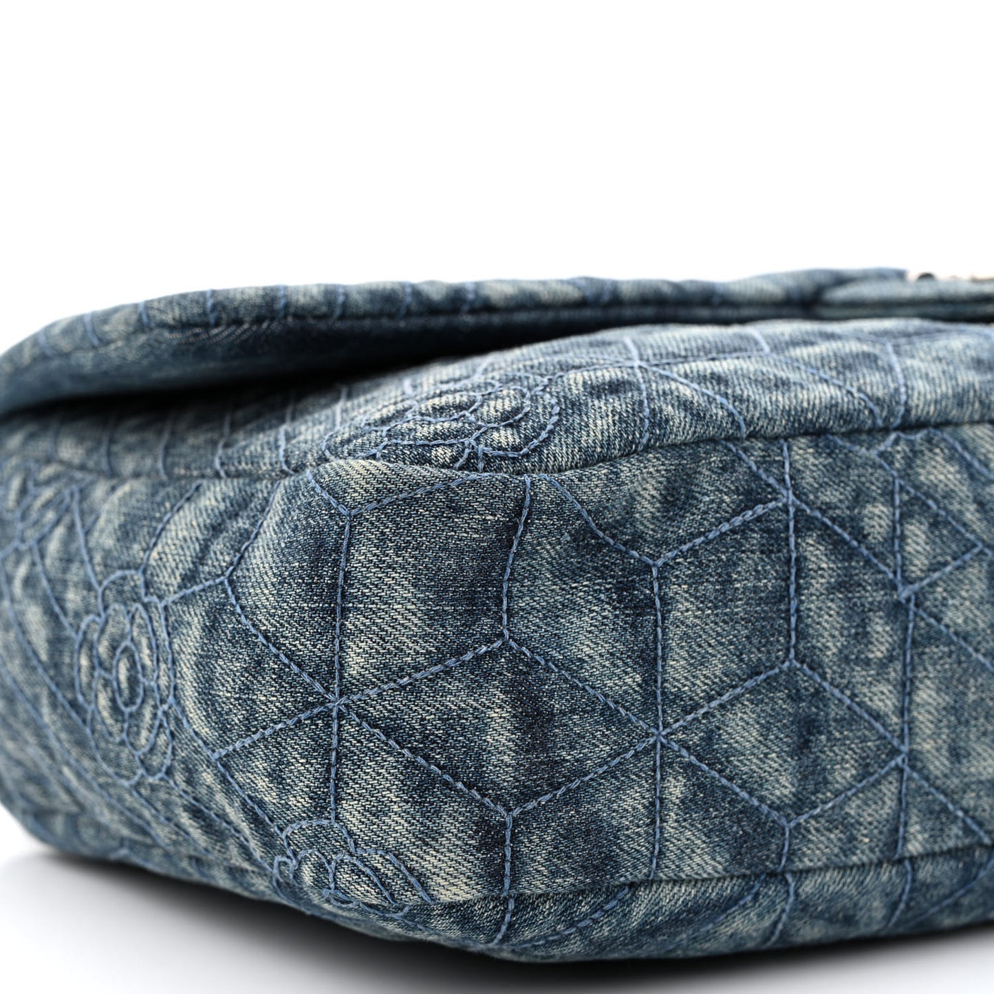 Denim Quilted Camellia Embroidered Large Flap Blue