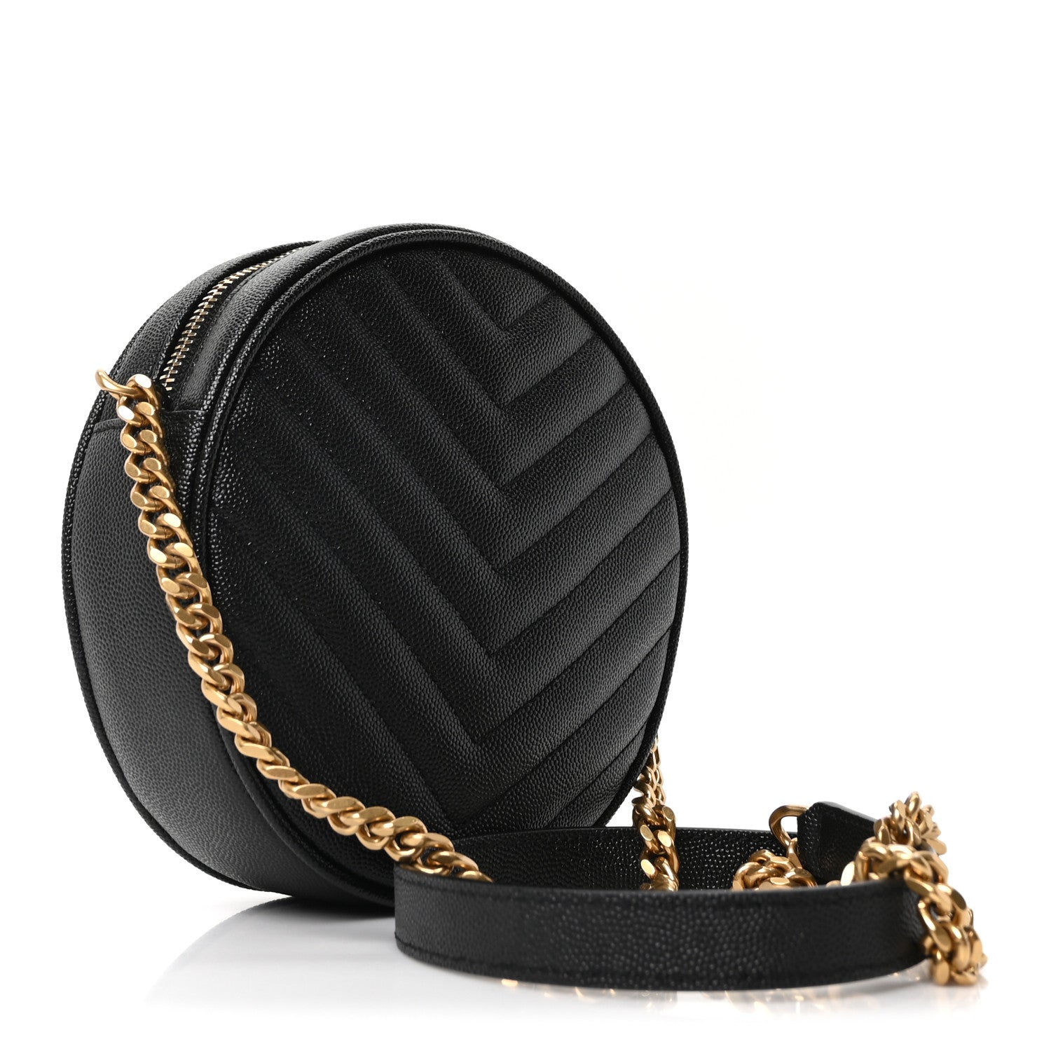 Saint Laurent Grain De Poudre Matelasse Chevron Quilted Round Vinyle Camera Bag Black 3 of 10