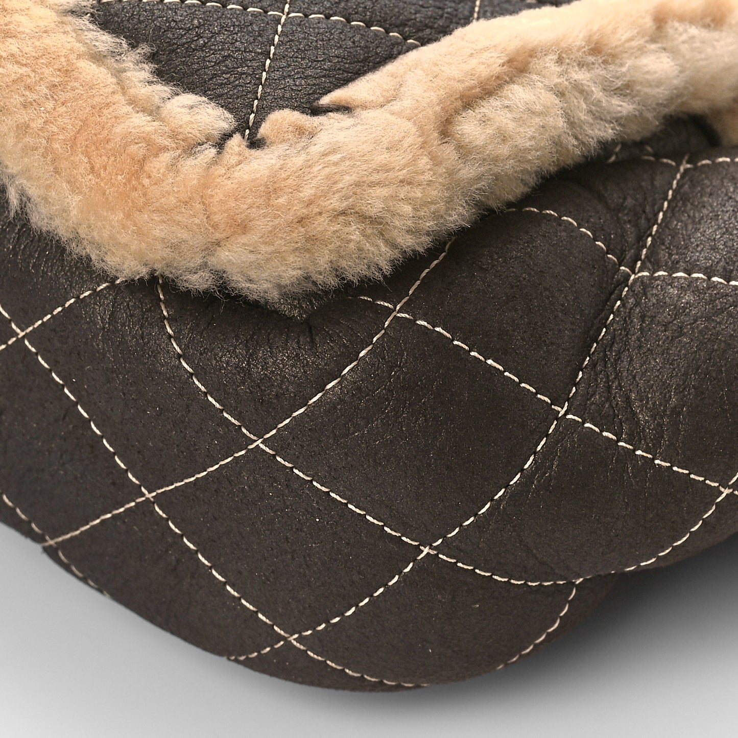 Shearling Suede Quilted Small Fur Flap Metallic Bronze