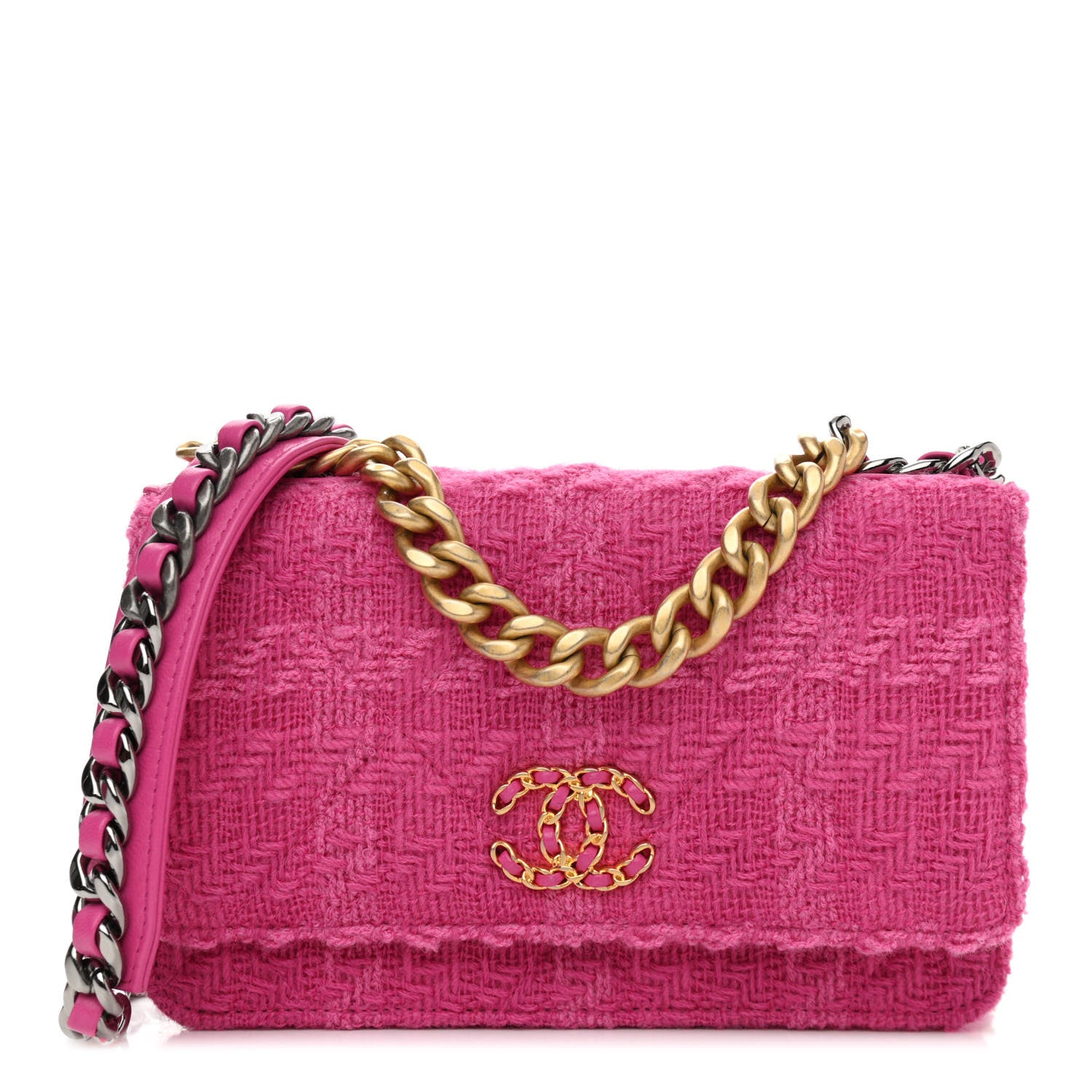Chanel Wool Tweed Lambskin Quilted Chanel 19 Wallet On Chain WOC and Coin Purse Fuchsia 1 of 13