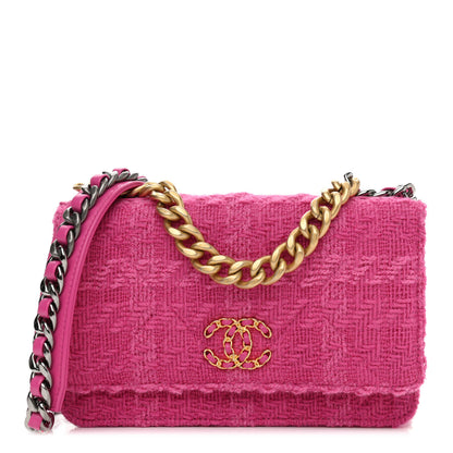 Chanel Wool Tweed Lambskin Quilted Chanel 19 Wallet On Chain WOC and Coin Purse Fuchsia 1 of 13
