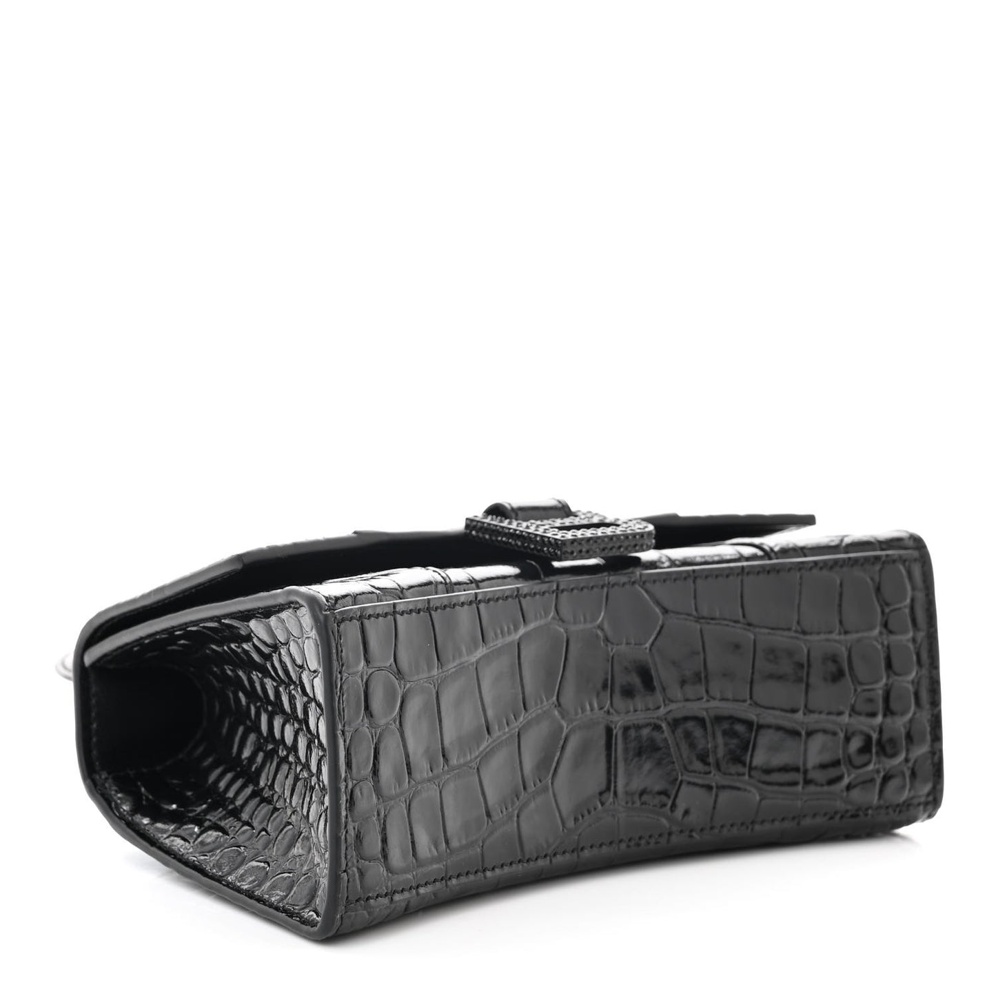 Shiny Calfskin Strass Monochrome Crocodile Embossed Hourglass Top Handle Bag XS Black