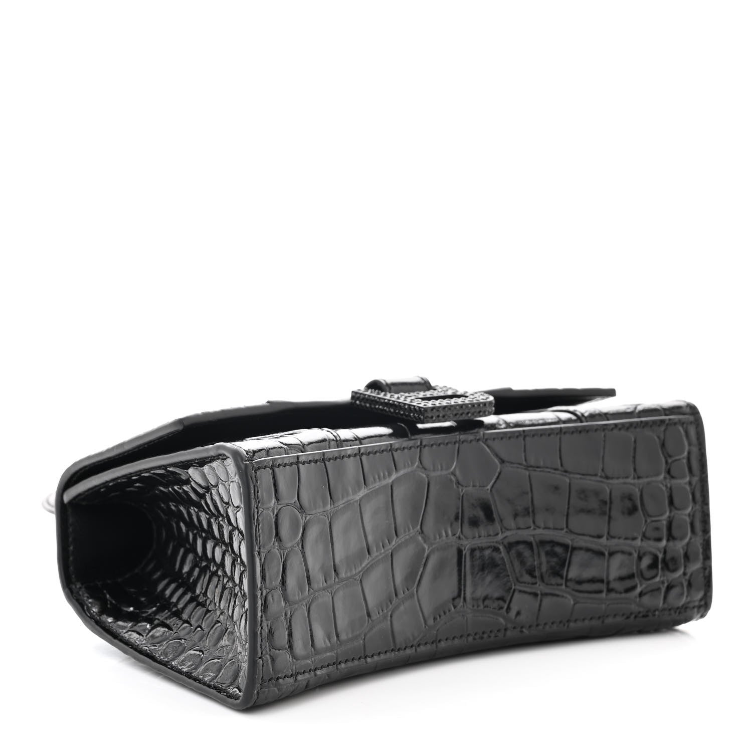 Balenciaga Shiny Calfskin Strass Monochrome Crocodile Embossed Hourglass Top Handle Bag XS Black 4 of 10