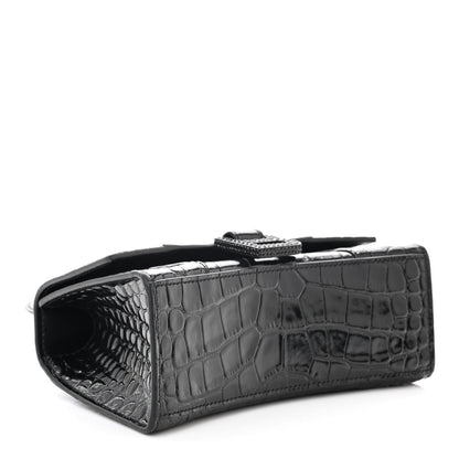 Balenciaga Shiny Calfskin Strass Monochrome Crocodile Embossed Hourglass Top Handle Bag XS Black 4 of 10
