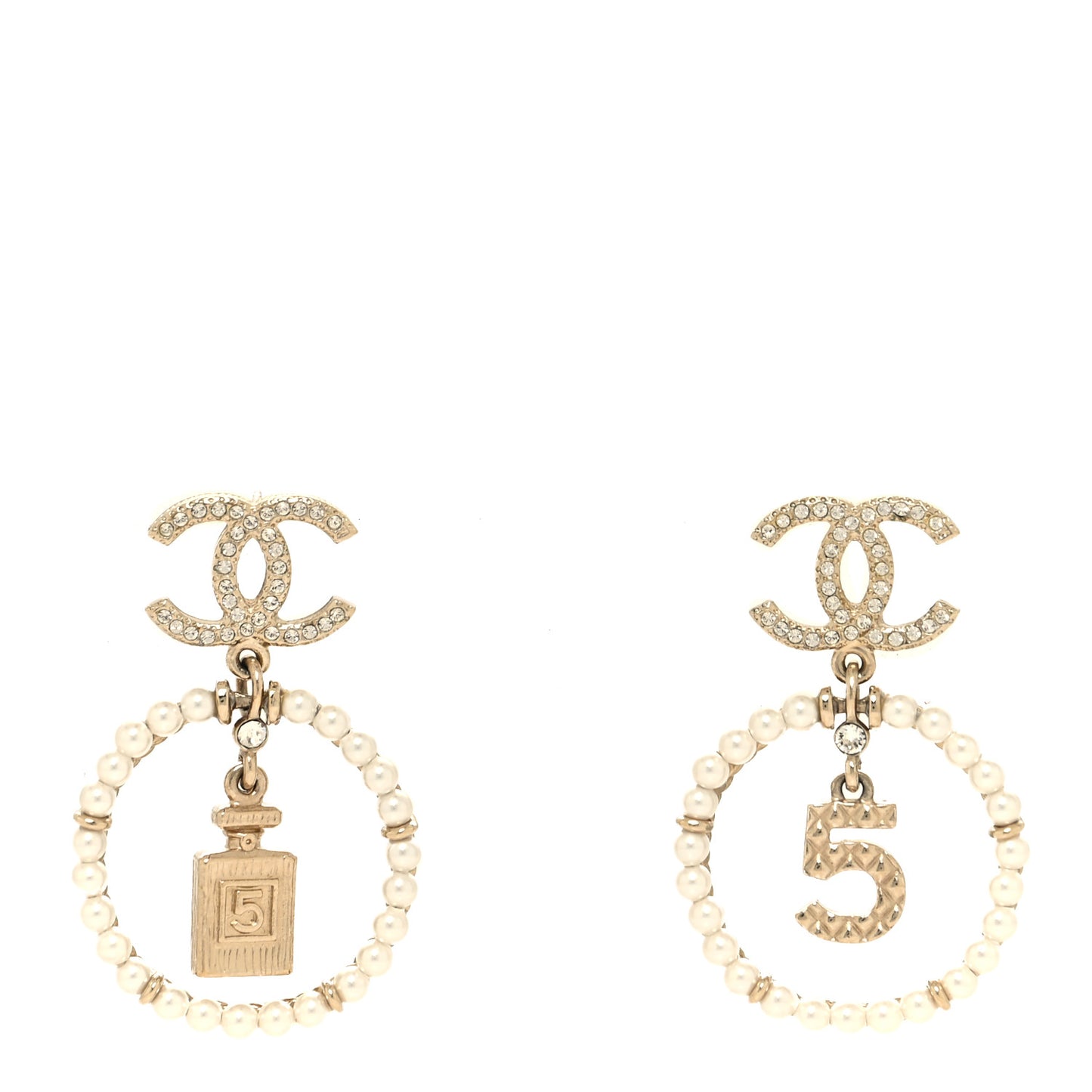 Crystal Pearl Chanel Charms CC Drop Earrings Gold