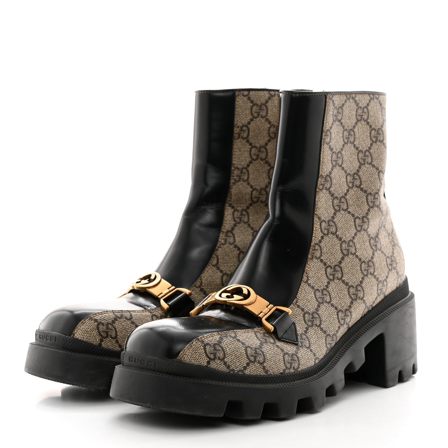 GG Supreme Monogram Magnum Calfskin Interlocking G Womens Lug Sole Ankle Boots 39 Beige Ebony Black