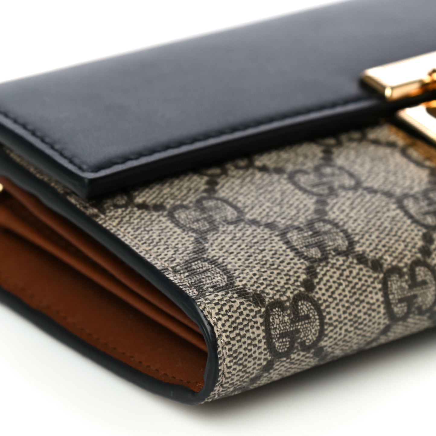 GG Supreme Monogram Moon Calfskin Padlock Continental Chain Wallet Beige Ebony Black
