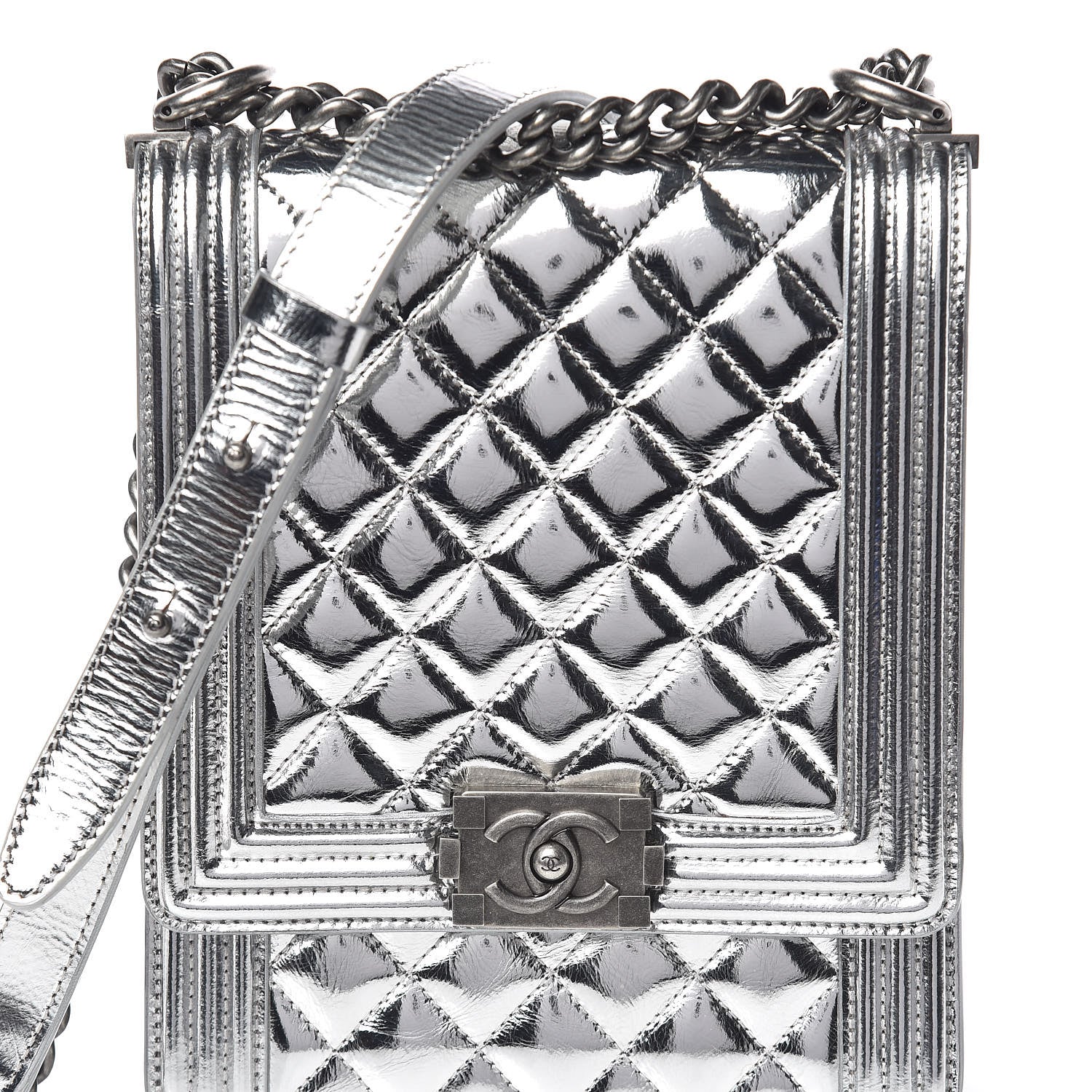 Chanel Metallic Goatskin Quilted North South Boy Flap Silver 10 of 10
