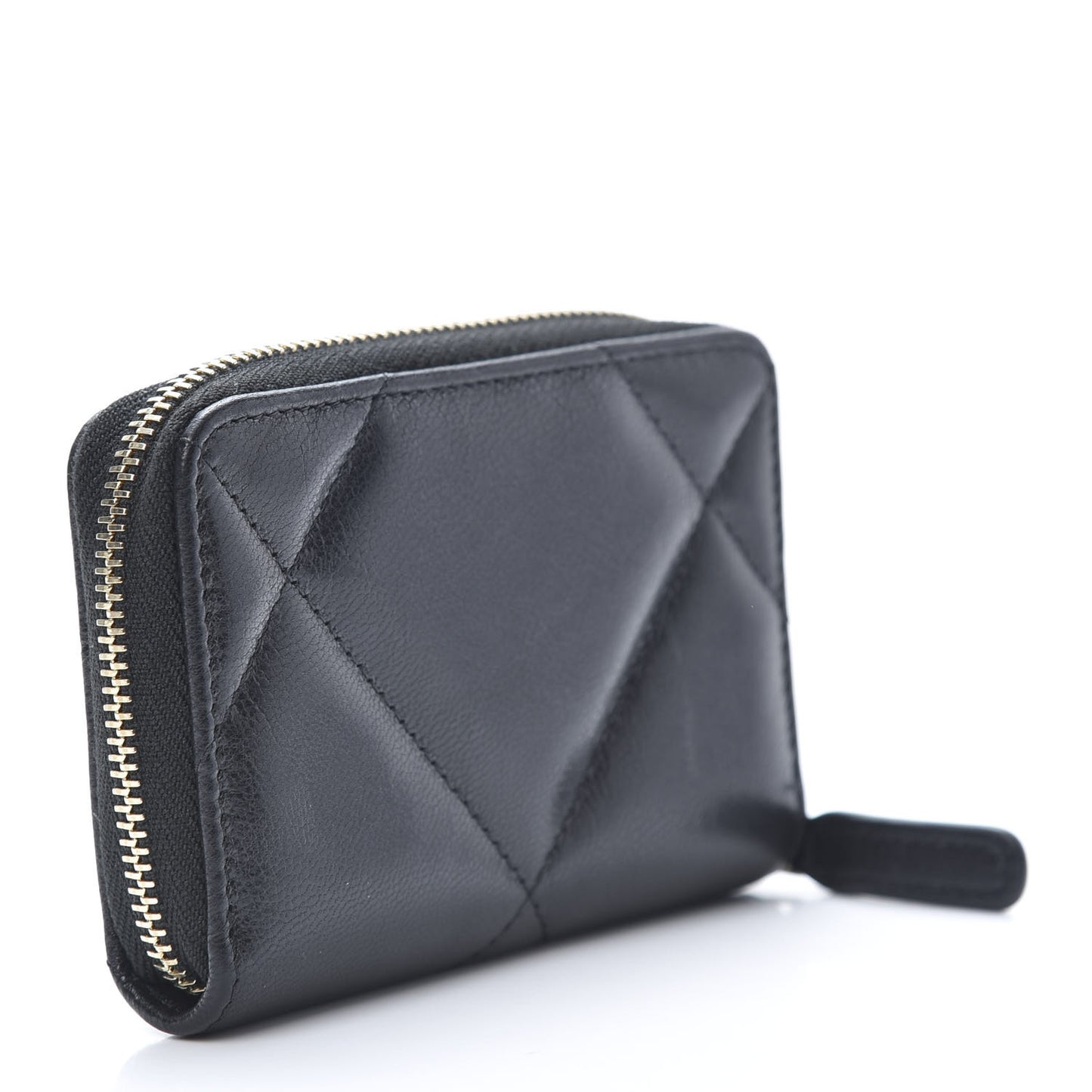 Shiny Goatskin Quilted Chanel 19 Zip Around Coin Purse Wallet Black