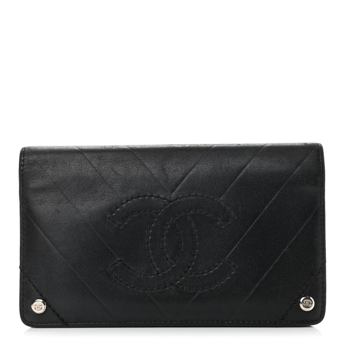 Lambskin Chevron Quilted CC Yen Wallet Black