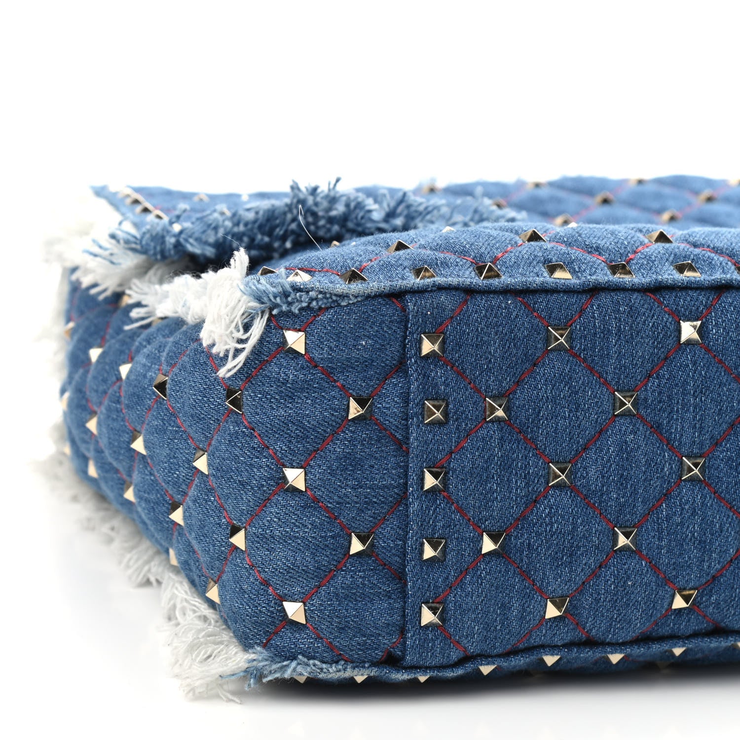 Valentino Garavani Denim Fringe Maxi Rockstud Spike Shoulder Bag Blue 7 of 8
