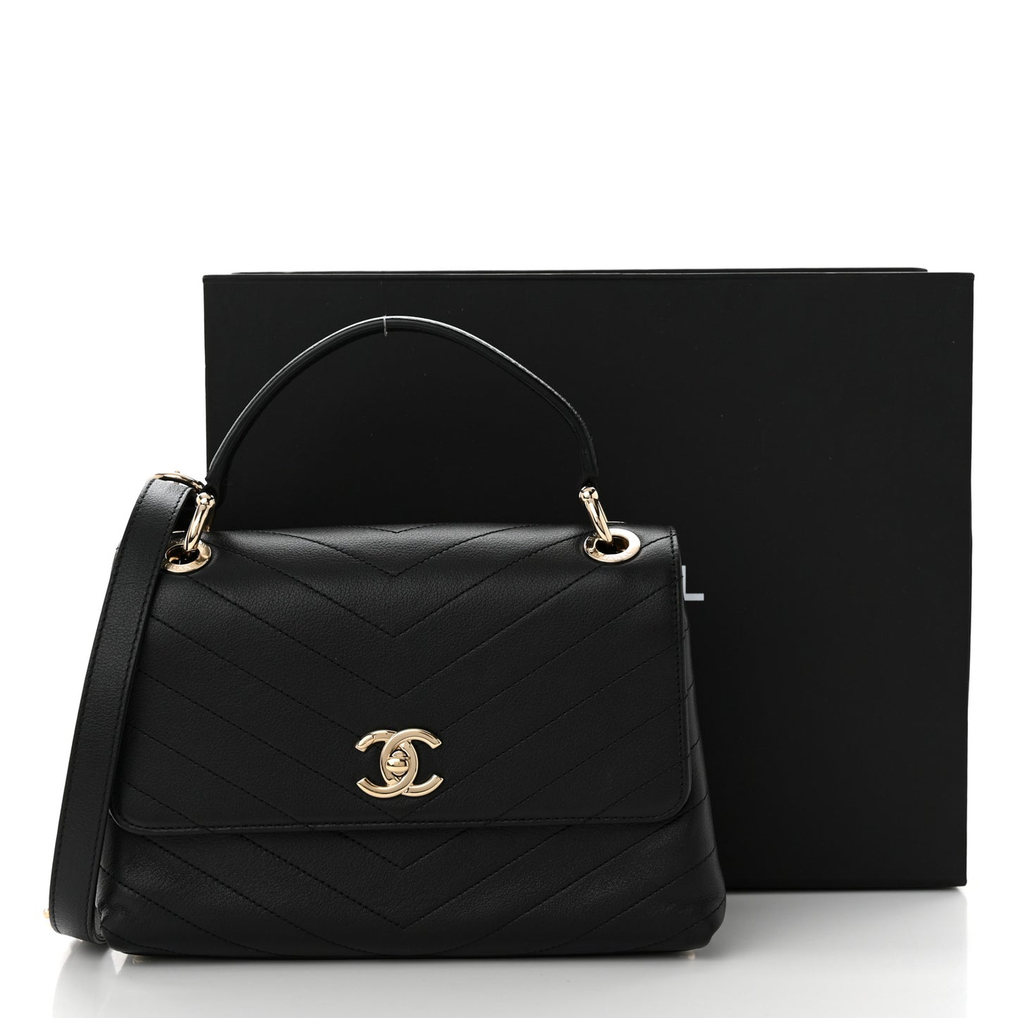 Grained Calfskin Small Chevron Chic Top Handle Flap Black