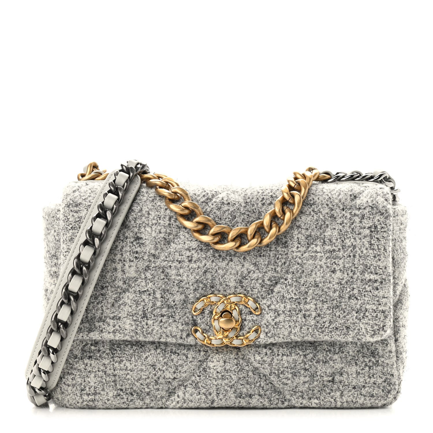 Chanel Tweed Quilted Medium Chanel 19 Flap Grey Ecru 1 of 9